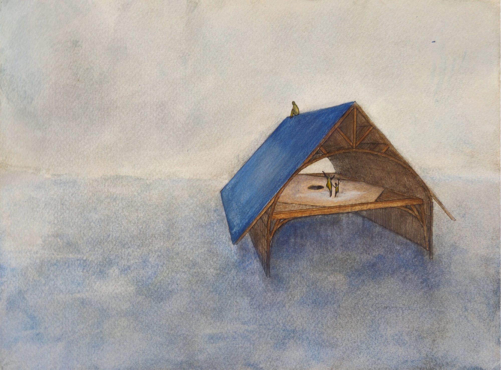 La maison : une cabane au toit bleu, posée sur un plancher de bois, flotte dans une brume bleutée.
