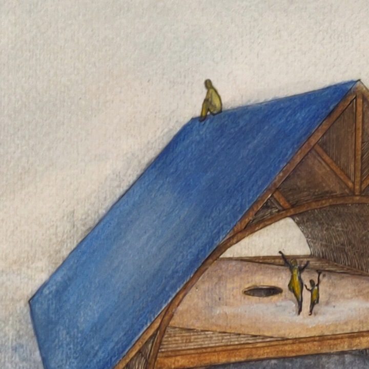 Détail de La maison : le toit bleu et deux petits personnages sur le plancher.
