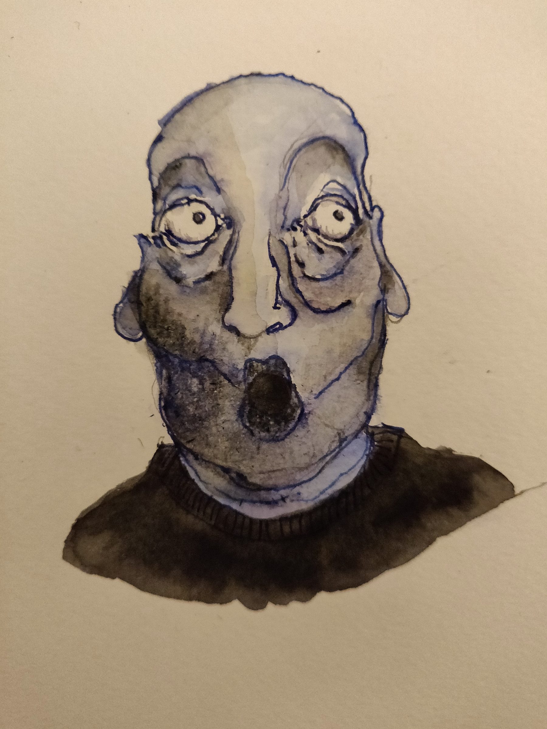 Personnage II : un visage aux yeux ronds, bouche ouverte, à l’encre.