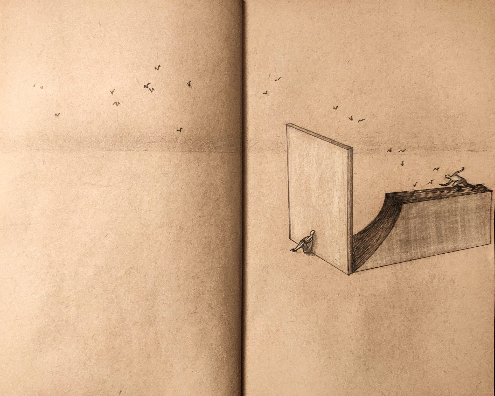 Respiration, dessin de Laure Montagné : un mur et une rampe d’où s’envolent des oiseaux.