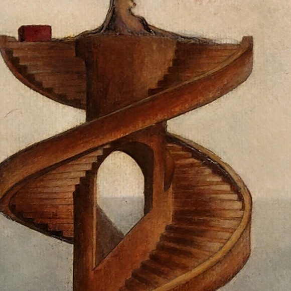 Détail de Trinité hélicoïdale : les marches de bois de l’escalier en spirale.
