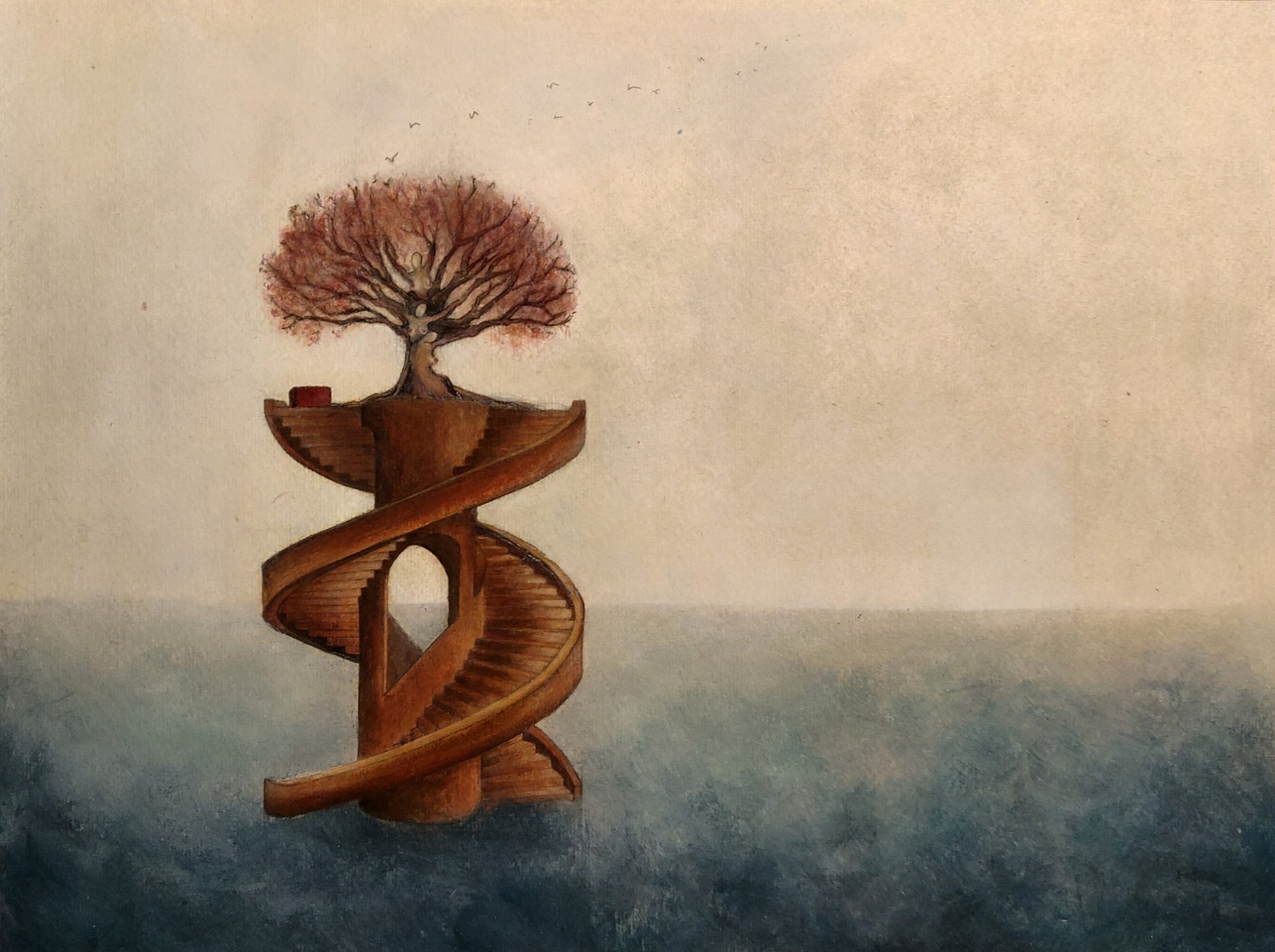 Trinité hélicoïdale : un escalier en double spirale porte un arbre roux au-dessus de la mer.